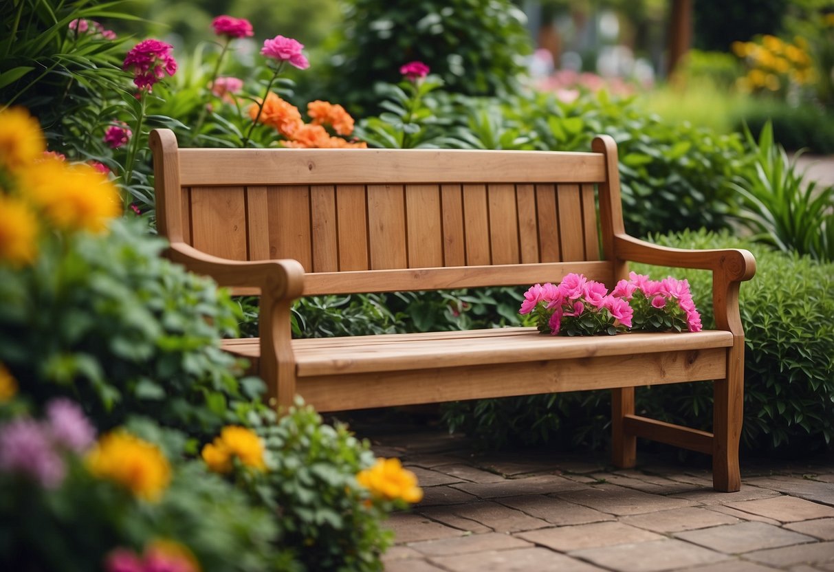 A teak wood bench sits in a lush garden, surrounded by colorful flowers and greenery, creating a peaceful and inviting outdoor space