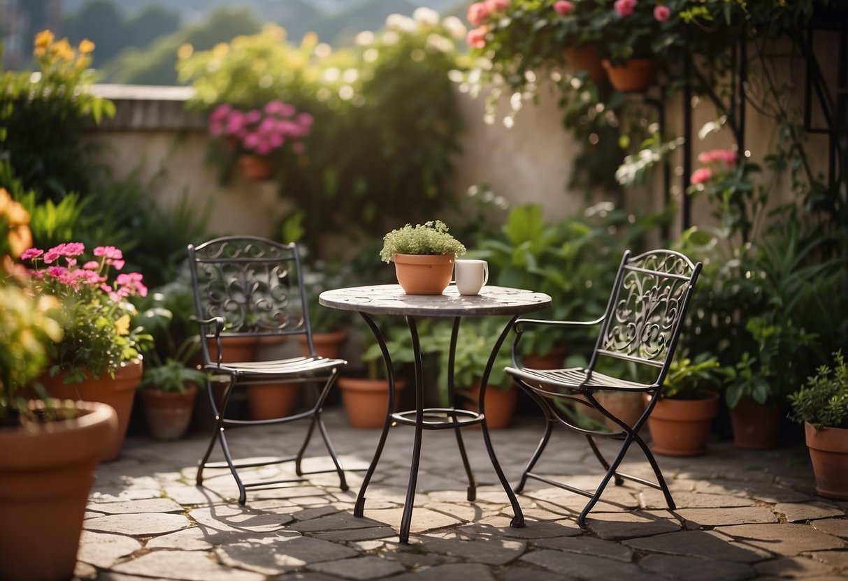 A cozy, compact bistro set sits on a stone patio surrounded by blooming potted plants and a lush garden backdrop