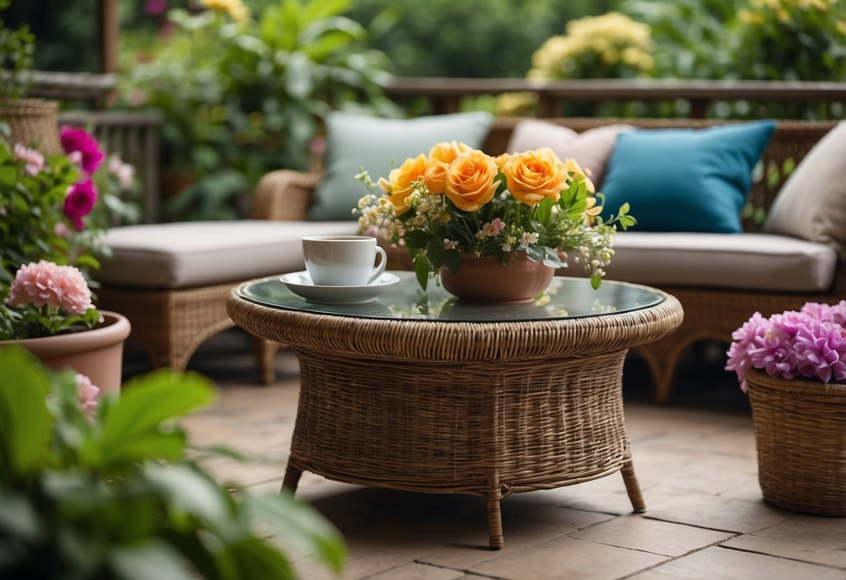 A resin wicker coffee table sits in a garden room, surrounded by lush greenery and colorful flowers, creating a cozy and inviting outdoor space