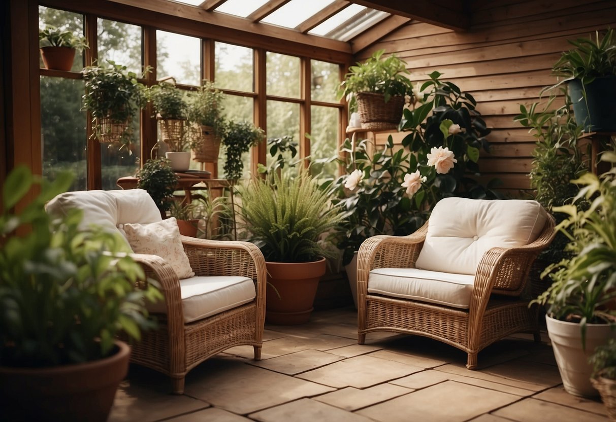 A cozy garden room with wicker furniture, potted plants, and soft lighting. An inviting space for relaxation and entertaining