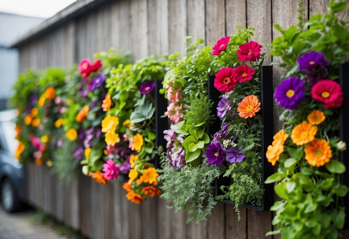 Vertical garden planters hang on a grey fence, filled with lush greenery and colorful flowers, creating a beautiful and vibrant garden display