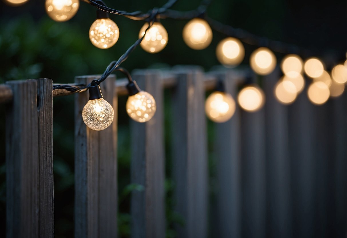 String lights hang from a grey fence in a garden