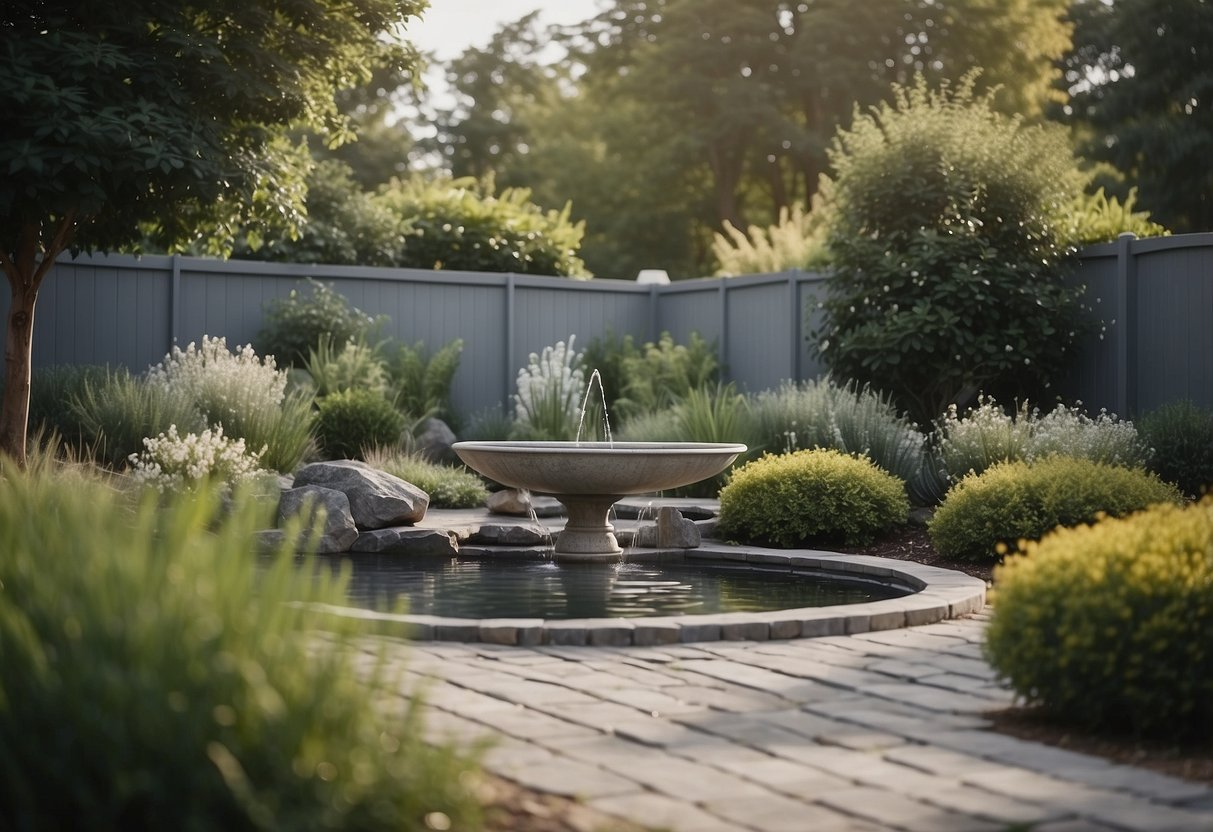 A tranquil garden with a water feature, surrounded by a sleek grey fence