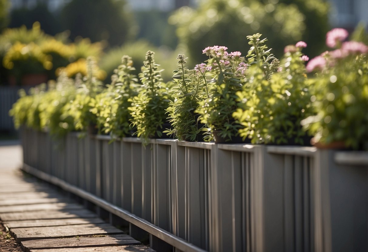 A row of potted plants lines a grey fence in a sunny garden