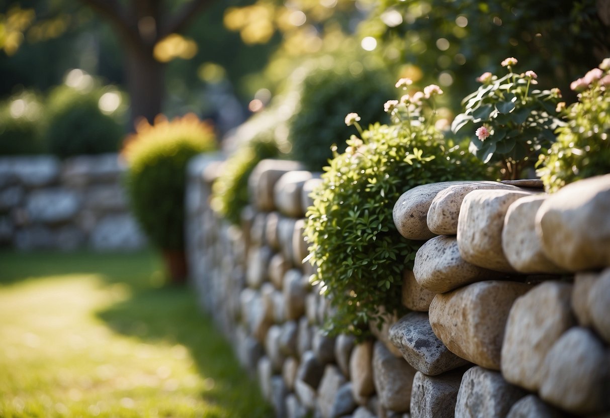 A grey fence surrounds a garden filled with decorative stones, creating a serene and elegant outdoor space