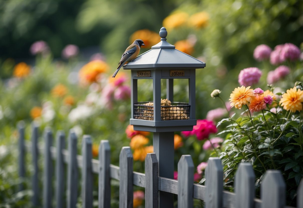 A grey fence surrounds a garden with a bird feeder, surrounded by colorful flowers and lush greenery