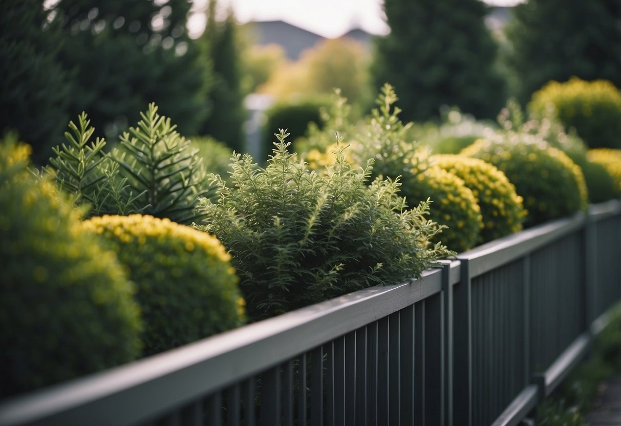 A garden with evergreen shrubs and a grey fence