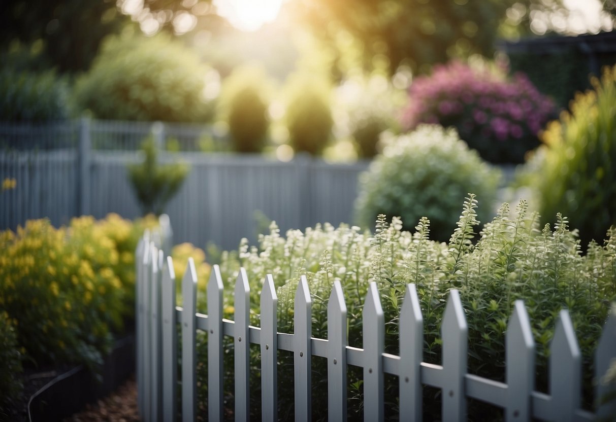 A garden with a grey fence, featuring cohesive plantings and decorative elements for a modern and unified look