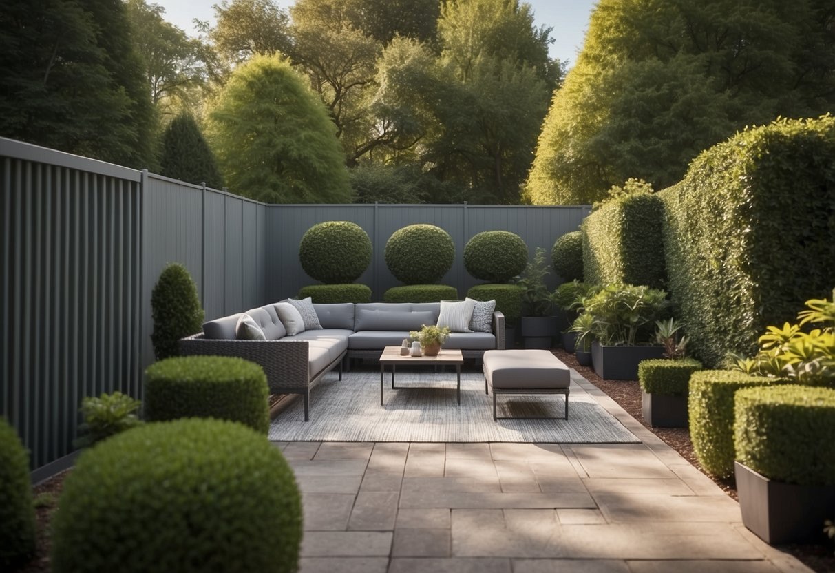 A serene garden with a sleek grey fence, tall hedges, and elegant outdoor furniture. Privacy and style are maximized in this tranquil setting