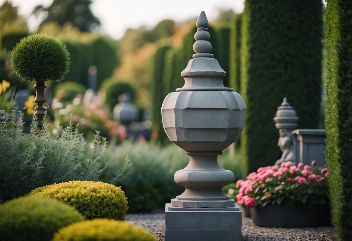 A modern garden with geometric shapes and minimalistic plants contrasts a classic garden with ornate sculptures and lush flowers, both enclosed by a sleek grey fence