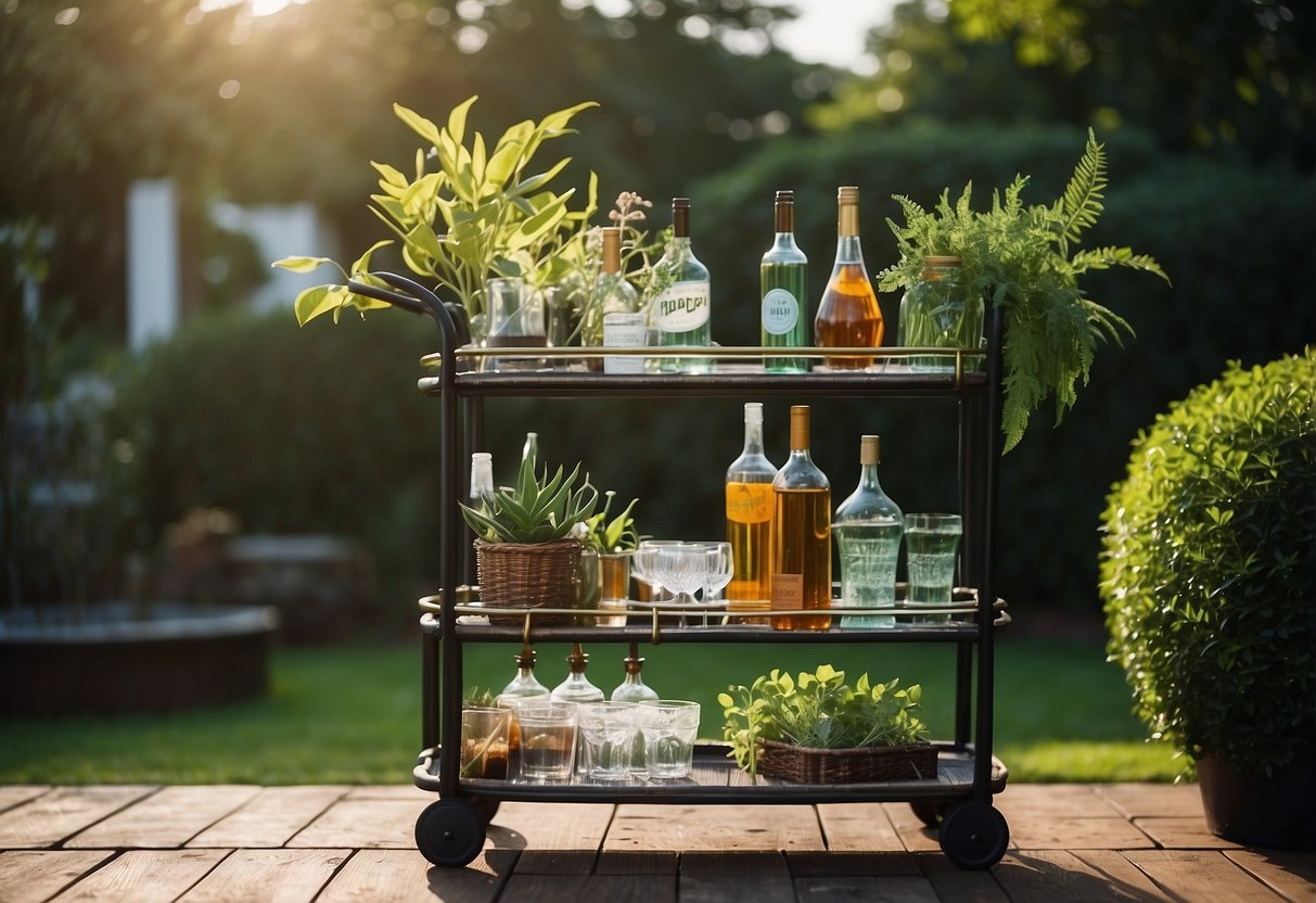 An outdoor bar cart sits adorned with glasses, bottles, and greenery, creating a convenient and stylish addition to a garden pub