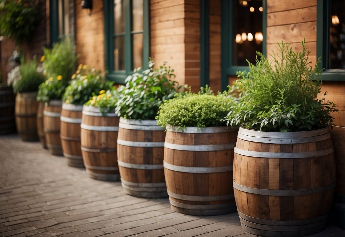 Rustic wooden barrel planters arranged with greenery for a charming garden pub decor