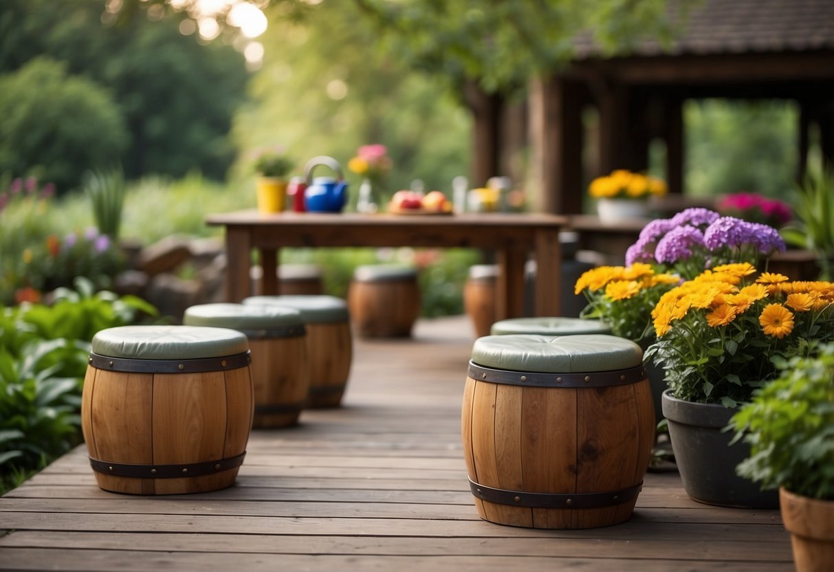 A set of garden stools arranged around a rustic wooden table, surrounded by lush greenery and colorful flowers, creating a cozy and inviting atmosphere for outdoor gatherings