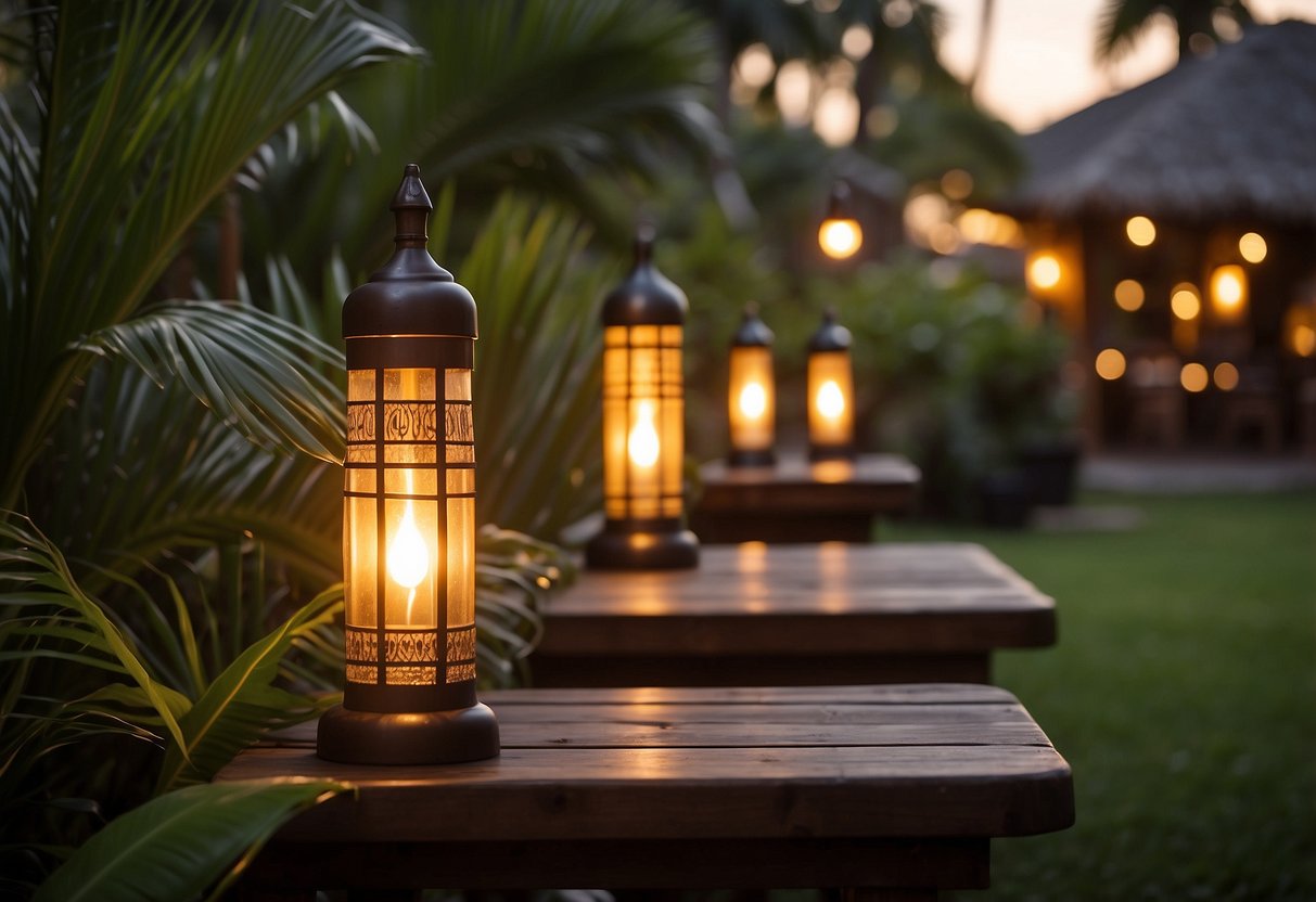 Tiki torches line a lush garden, casting a warm glow on wooden tables and palm fronds, creating a tropical vibe for a pub decor