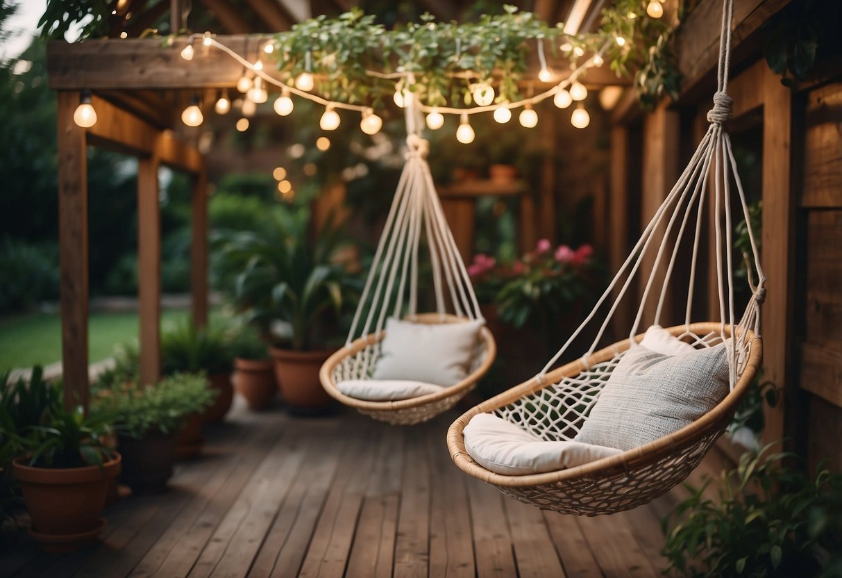 Two hammock chairs hanging from a sturdy wooden beam in a lush garden, surrounded by potted plants and soft string lights for a cozy and relaxing pub decor idea