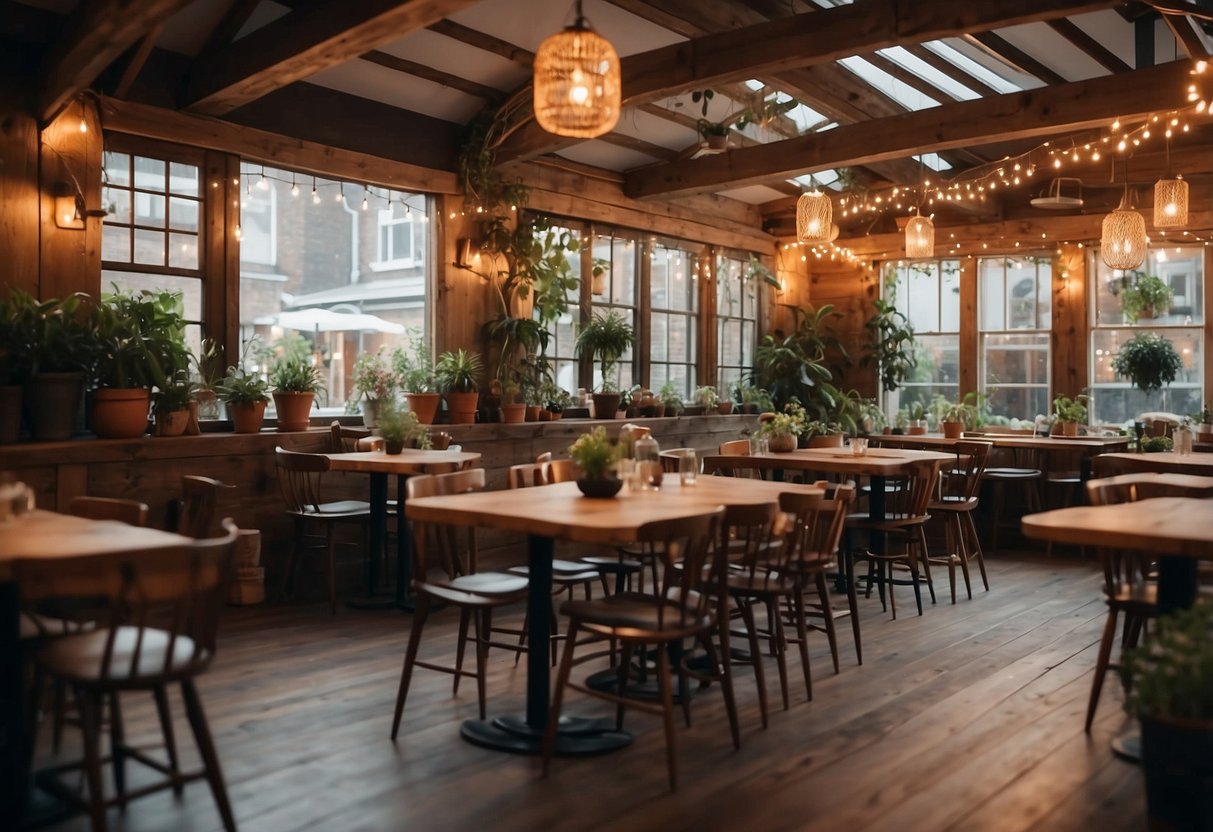 A cozy garden pub with string lights, rustic wooden tables, and potted plants creates a warm and inviting atmosphere