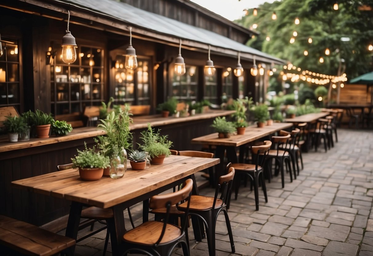 Lush greenery surrounds rustic wooden tables and string lights, creating a cozy and inviting atmosphere for a garden pub