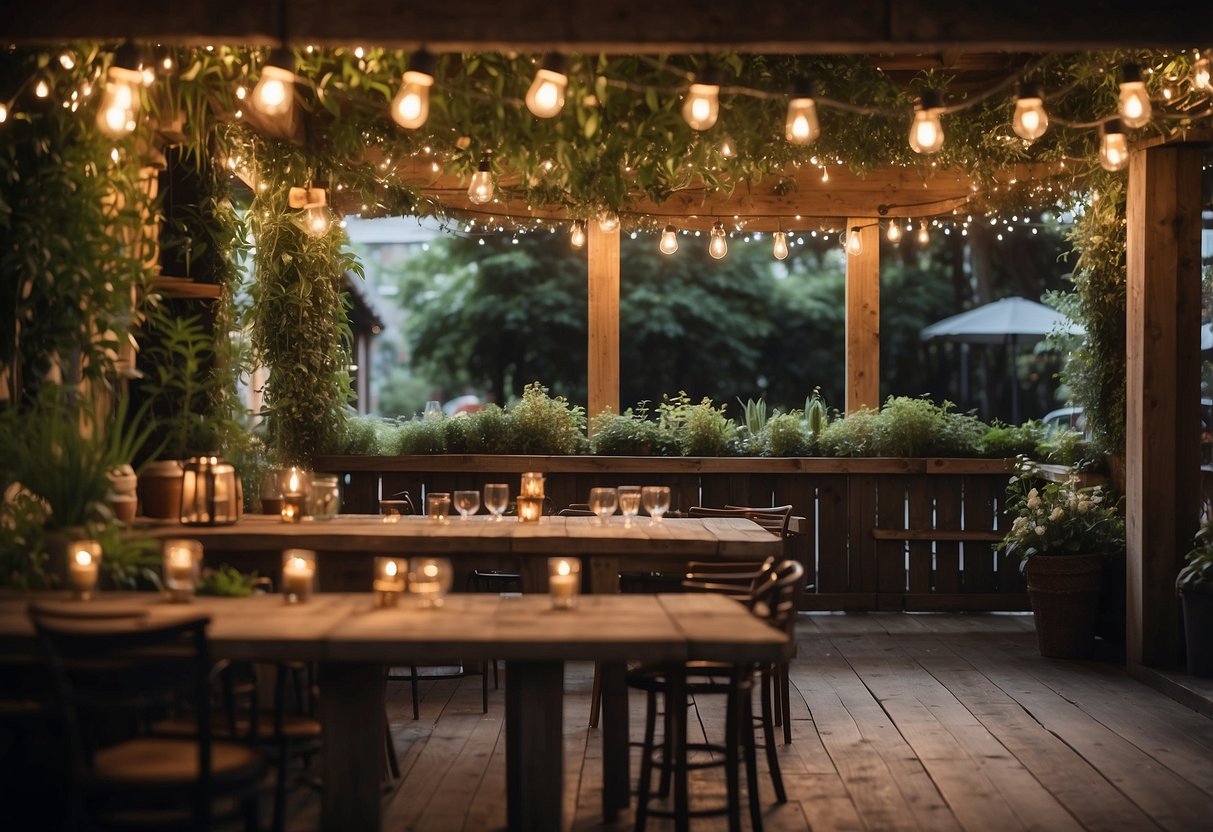 Lush greenery drapes over wooden beams, intertwining with fairy lights and lanterns. A cozy garden pub setting with natural decor ideas