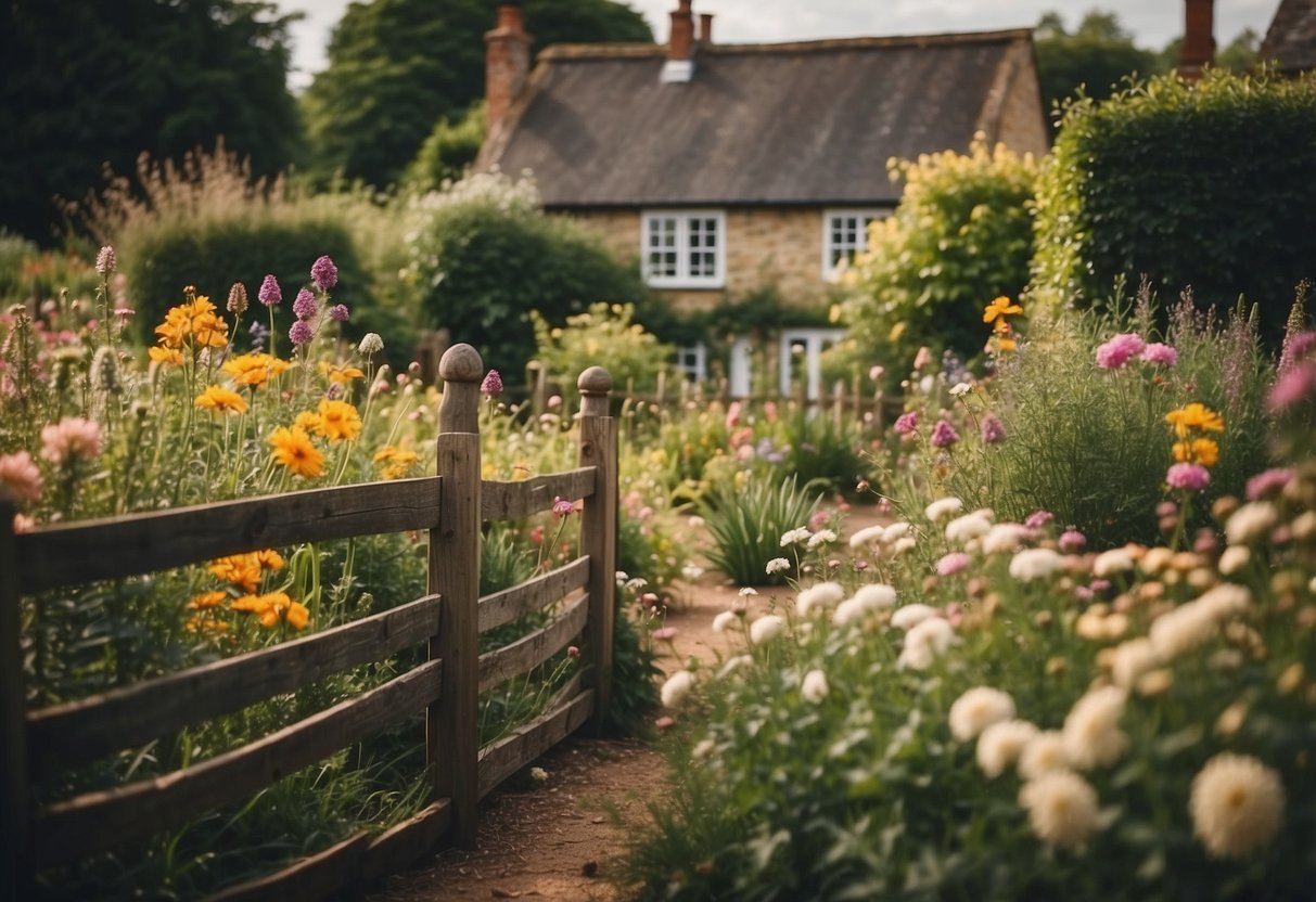 A charming English cottage garden with a variety of flowers, herbs, and shrubs enclosed by a rustic wooden fence