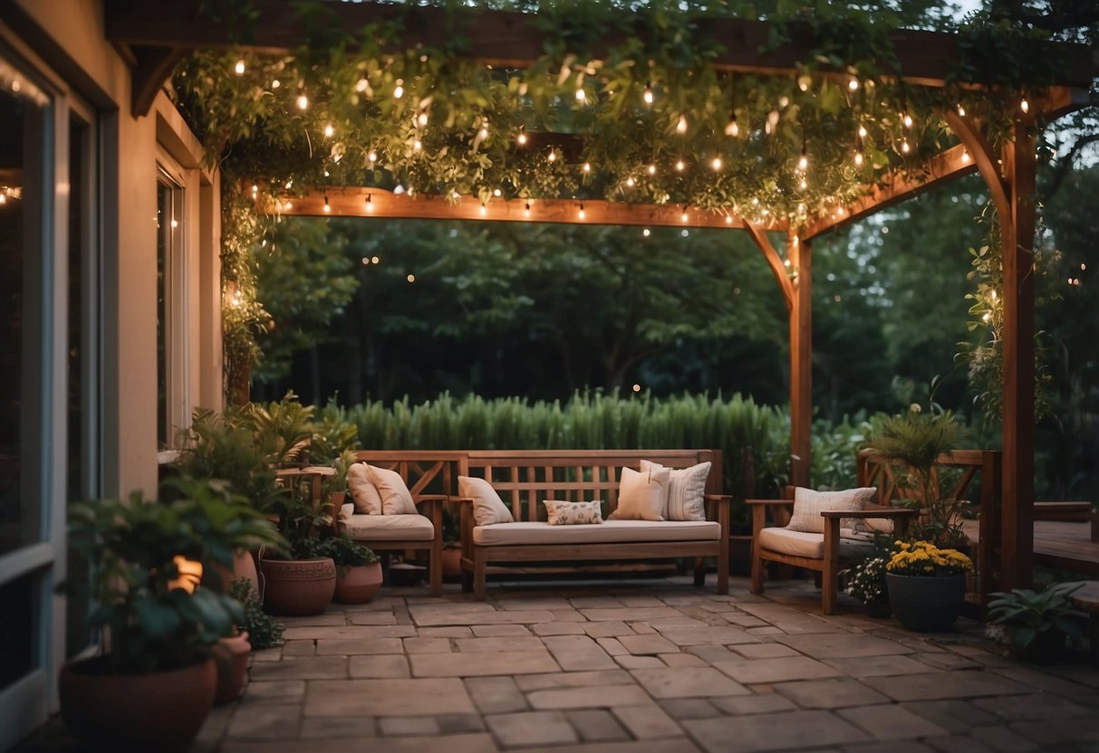 A pergola-covered patio with lush greenery, cozy seating, and twinkling string lights creating a serene and inviting outdoor oasis