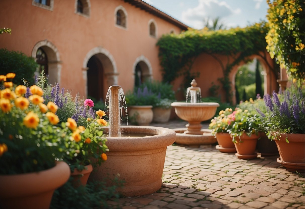 A lush, walled garden with vibrant flowers, terracotta pots, and a bubbling fountain, evoking the charm of a Mediterranean villa