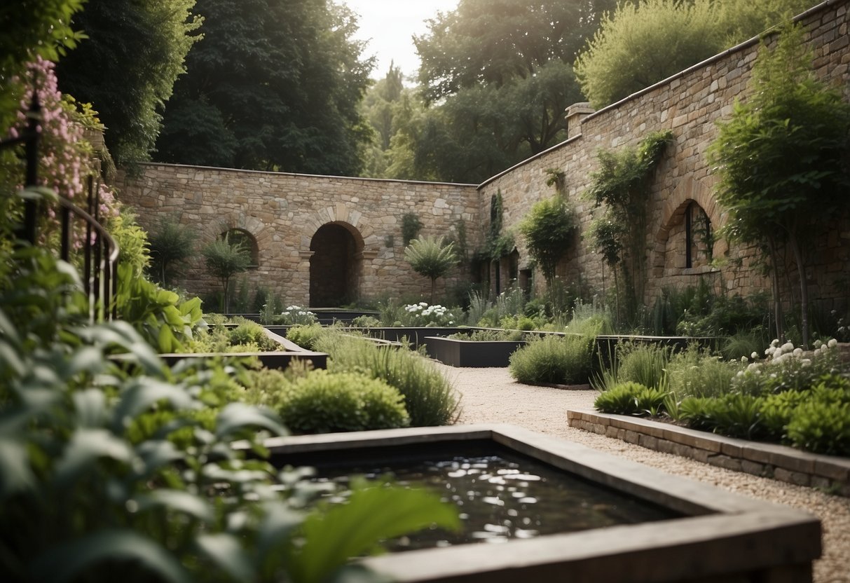 A lush, tranquil garden with aromatic herbs growing in raised beds, surrounded by a stone wall and adorned with a tranquil fountain