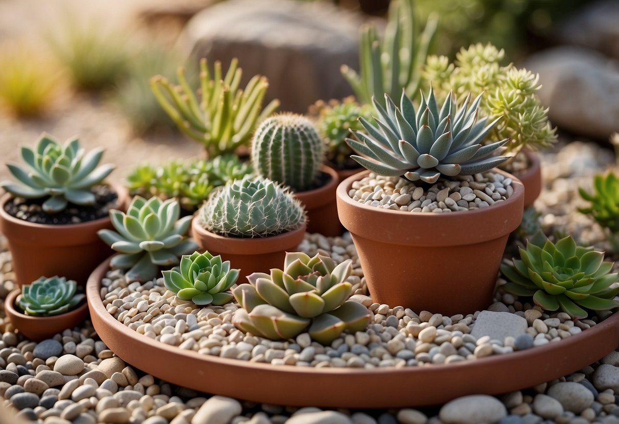 A corner garden with various succulents and cacti arranged in decorative pots, surrounded by small pebbles and sand, with a backdrop of a wooden trellis or stone wall