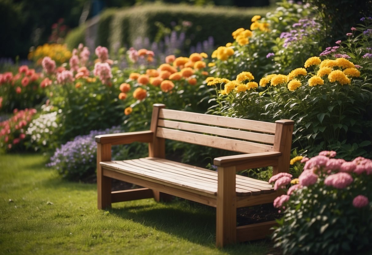 A wooden garden bench with built-in storage nestled among vibrant flowers and lush greenery