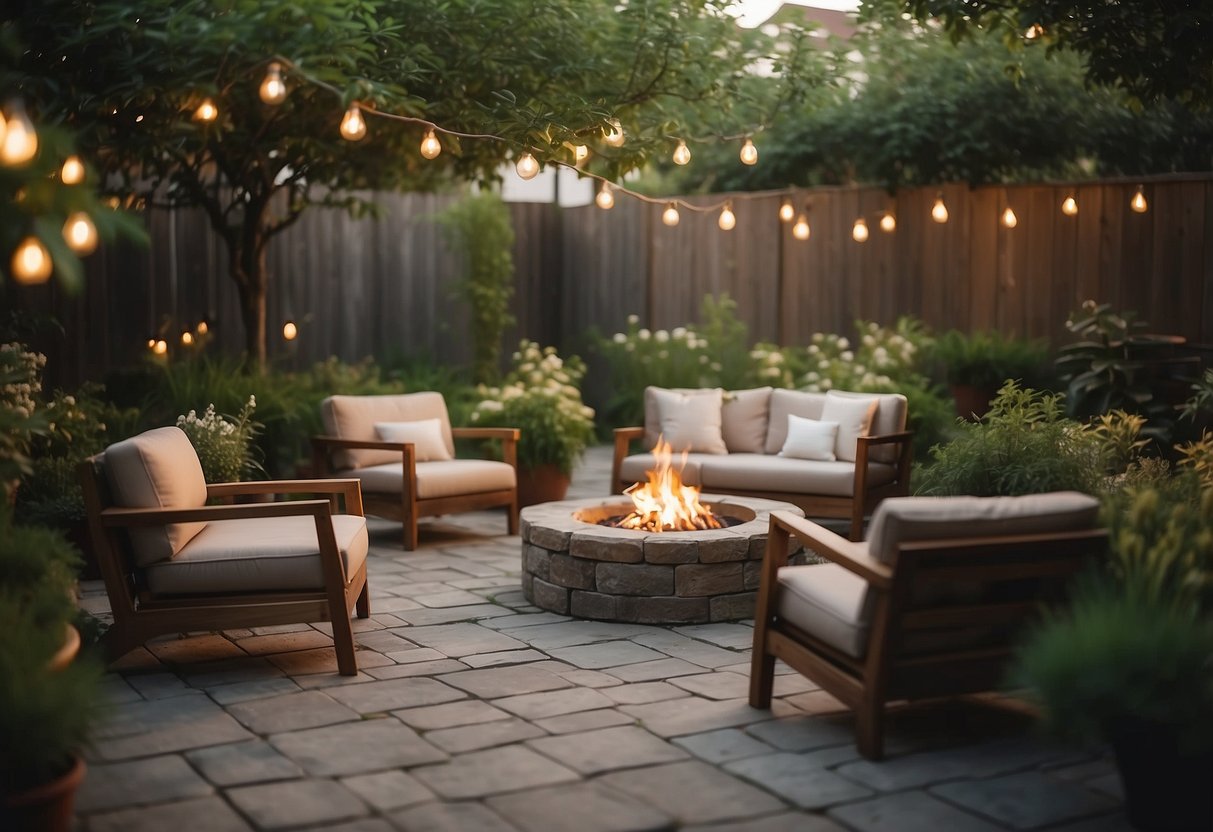 A cozy courtyard garden with a portable fire pit as the focal point, surrounded by comfortable seating and lush greenery