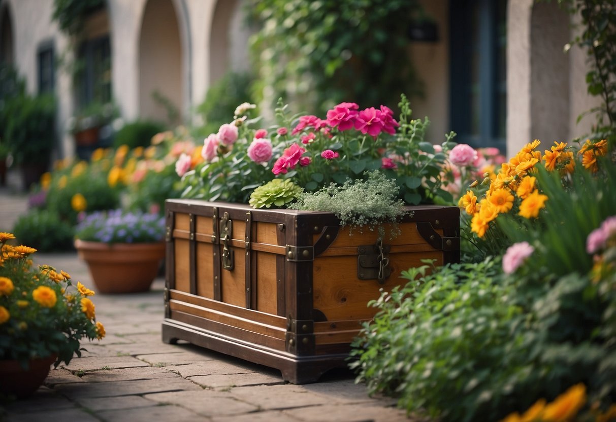 A courtyard garden with a large treasure chest as a planter, surrounded by vibrant flowers and lush greenery