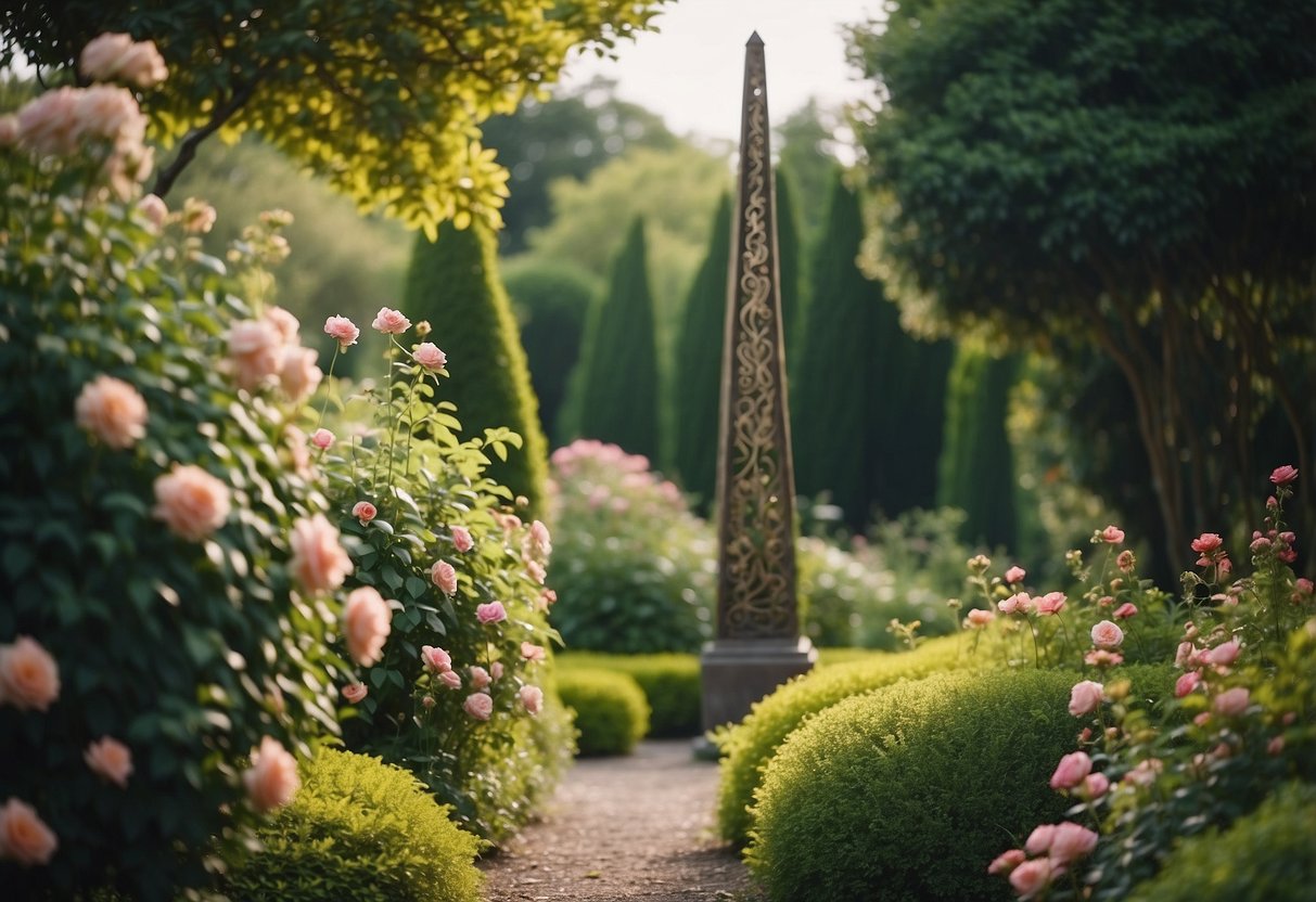 A tall iron garden obelisk stands amidst a lush garden, adorned with climbing vines and blooming flowers