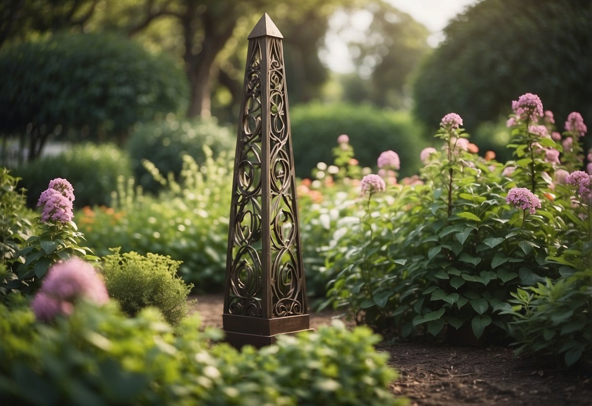 A rustic metal obelisk stands tall in a lush garden, surrounded by blooming flowers and climbing vines