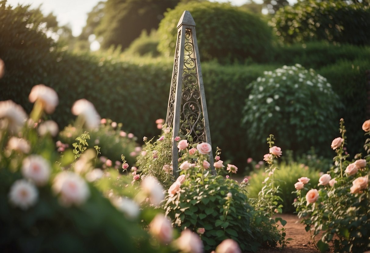 A vintage-style garden obelisk stands tall among blooming roses and climbing vines, adding charm to the lush garden setting