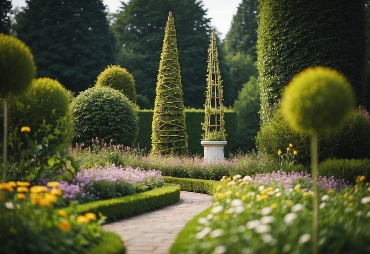 A garden obelisk stands tall, adorned with spiral plant supports, surrounded by lush greenery and blooming flowers