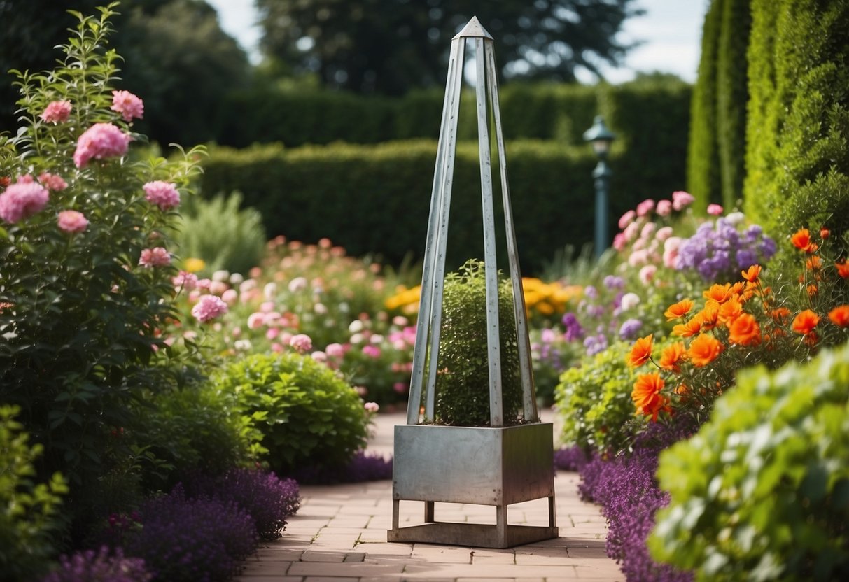 A tall, galvanized metal obelisk stands in a lush garden, surrounded by vibrant flowers and climbing vines