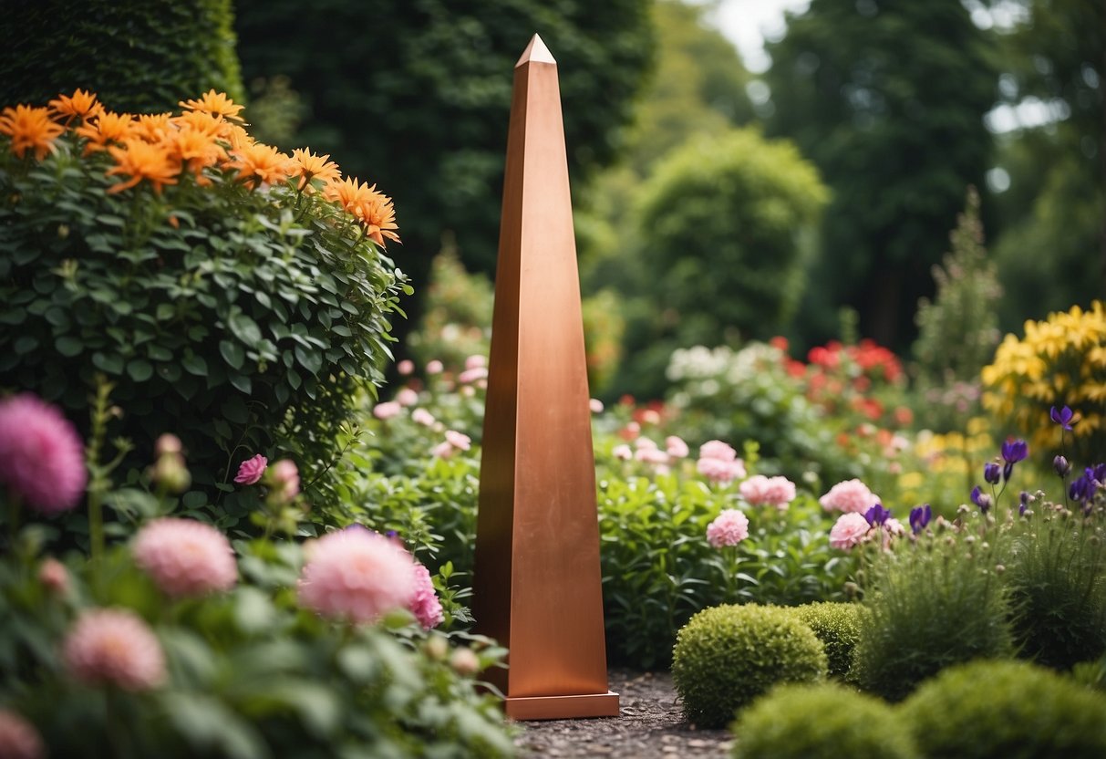 A tall copper-plated obelisk stands in a lush garden, surrounded by vibrant flowers and lush greenery