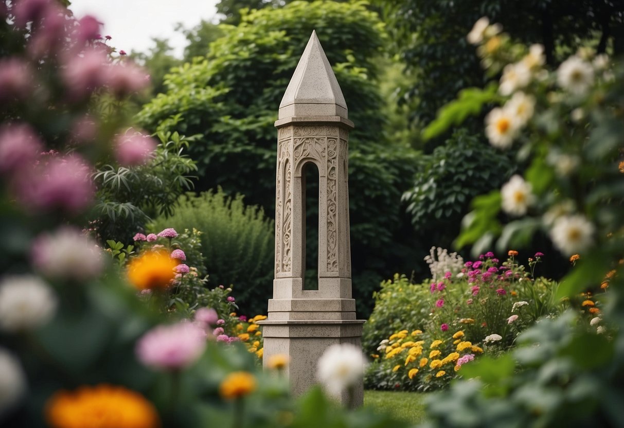 A tall ornamental arched obelisk stands in a lush garden, adorned with intricate designs and surrounded by vibrant flowers and foliage