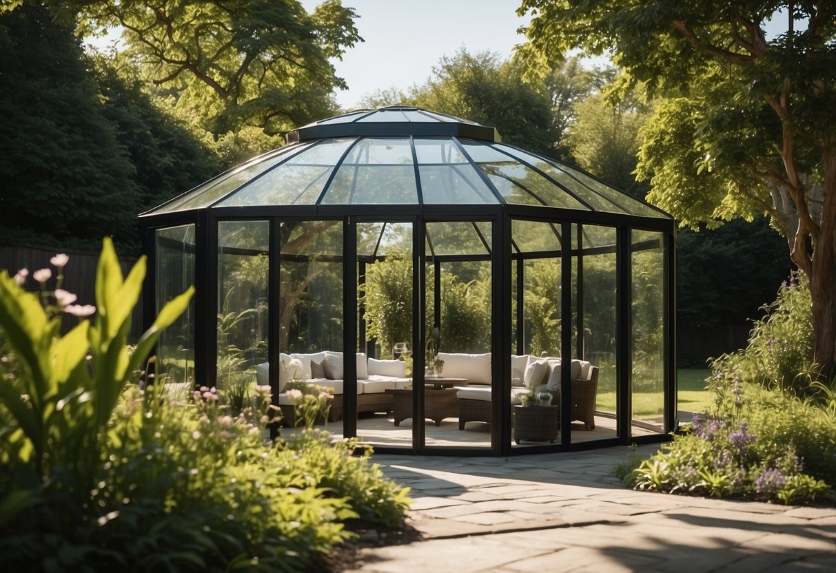 A sleek glass pavilion nestled in a lush garden, with contemporary outdoor furniture and vibrant greenery, basking in the warm summer sunlight