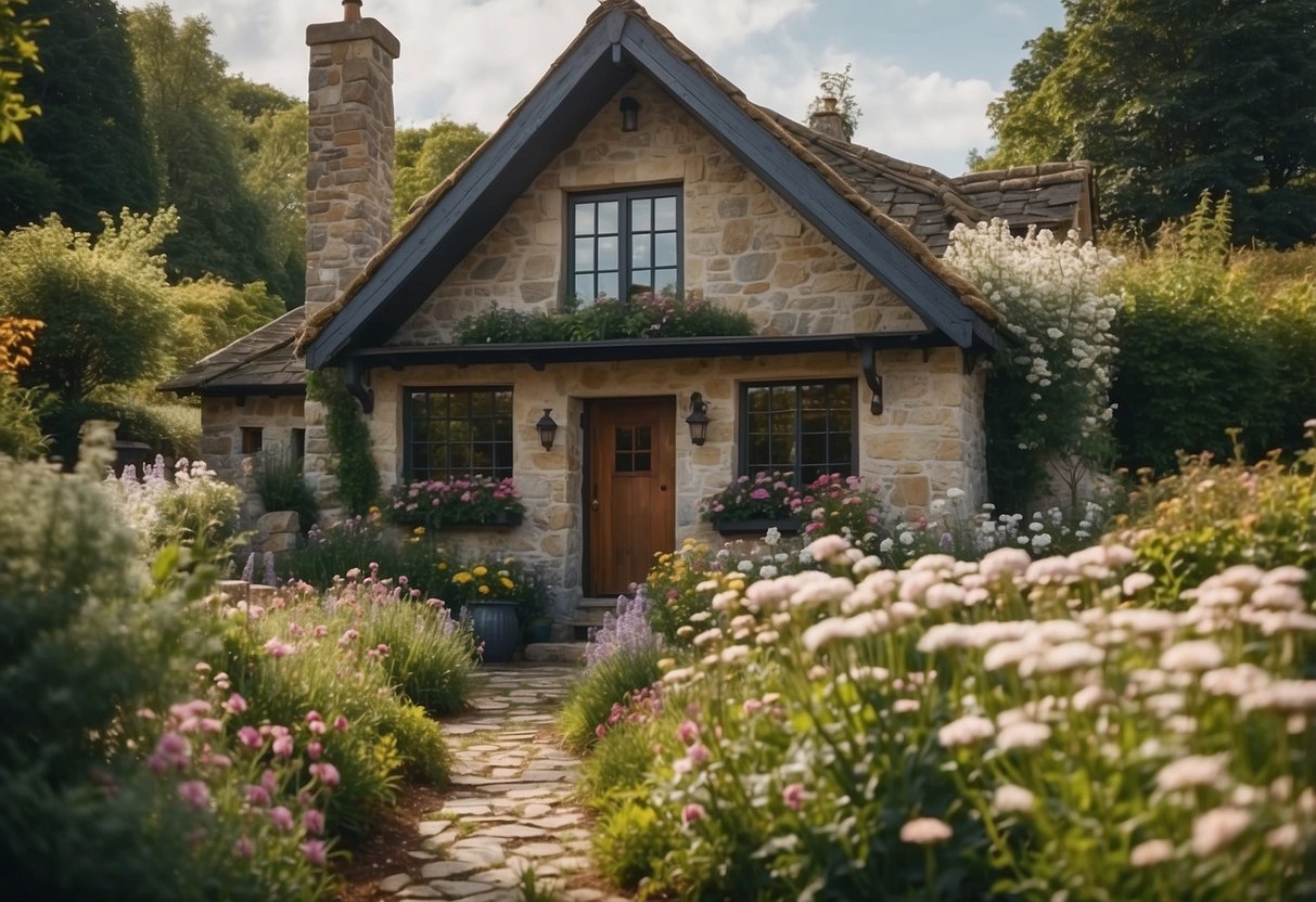 A quaint stone cottage surrounded by blooming flowers, winding pathways, and a cozy summer house nestled among the greenery