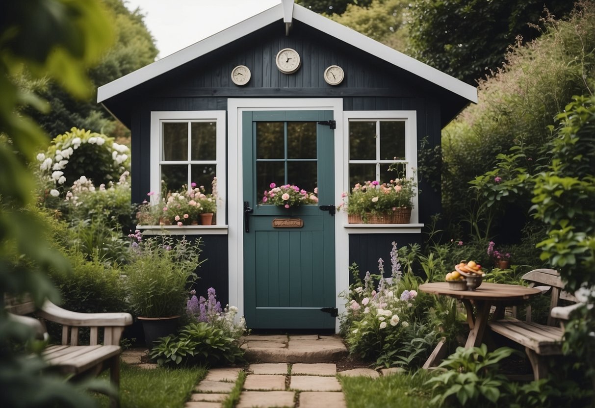 A quaint Victorian shed nestled in a lush garden, adorned with blooming flowers and surrounded by winding paths and cozy seating areas