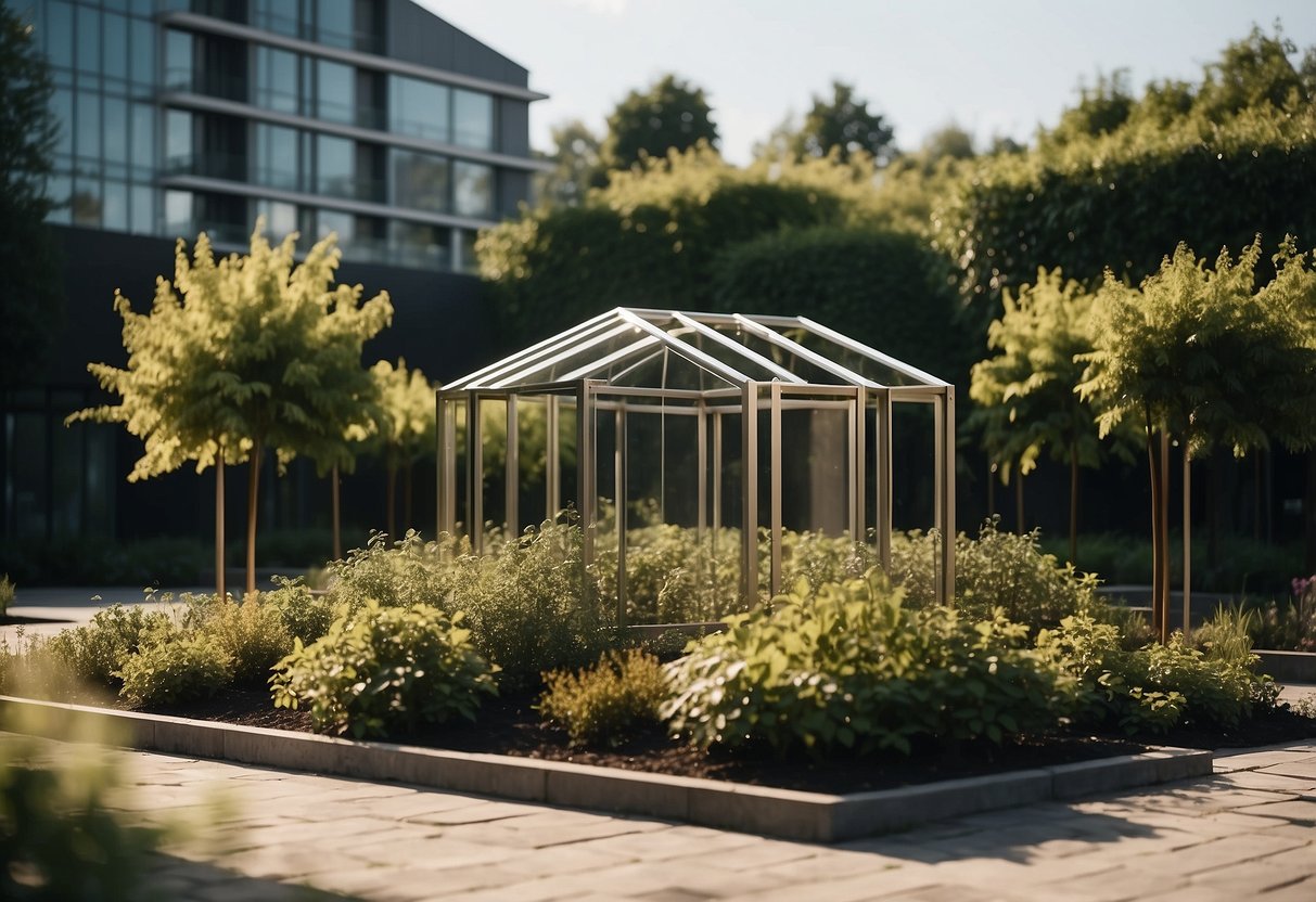 A sleek metal structure stands in a garden, with clean lines and minimalist design. It is surrounded by greenery and bathed in warm summer sunlight