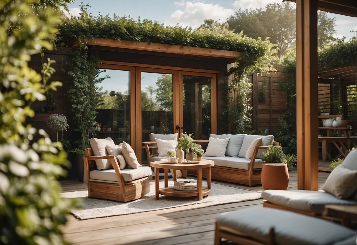 A cozy garden retreat with minimalist furniture, surrounded by lush greenery and natural wood accents, under a bright summer sky