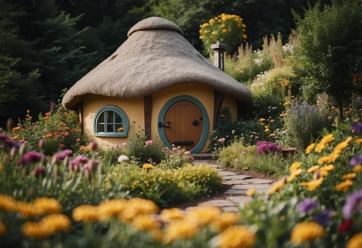 A cozy Hobbit house nestled in a lush garden with colorful flowers and a charming summer house