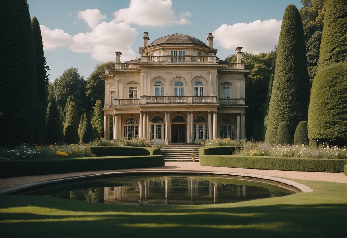 A grand Georgian summer house with lush gardens and elegant architecture