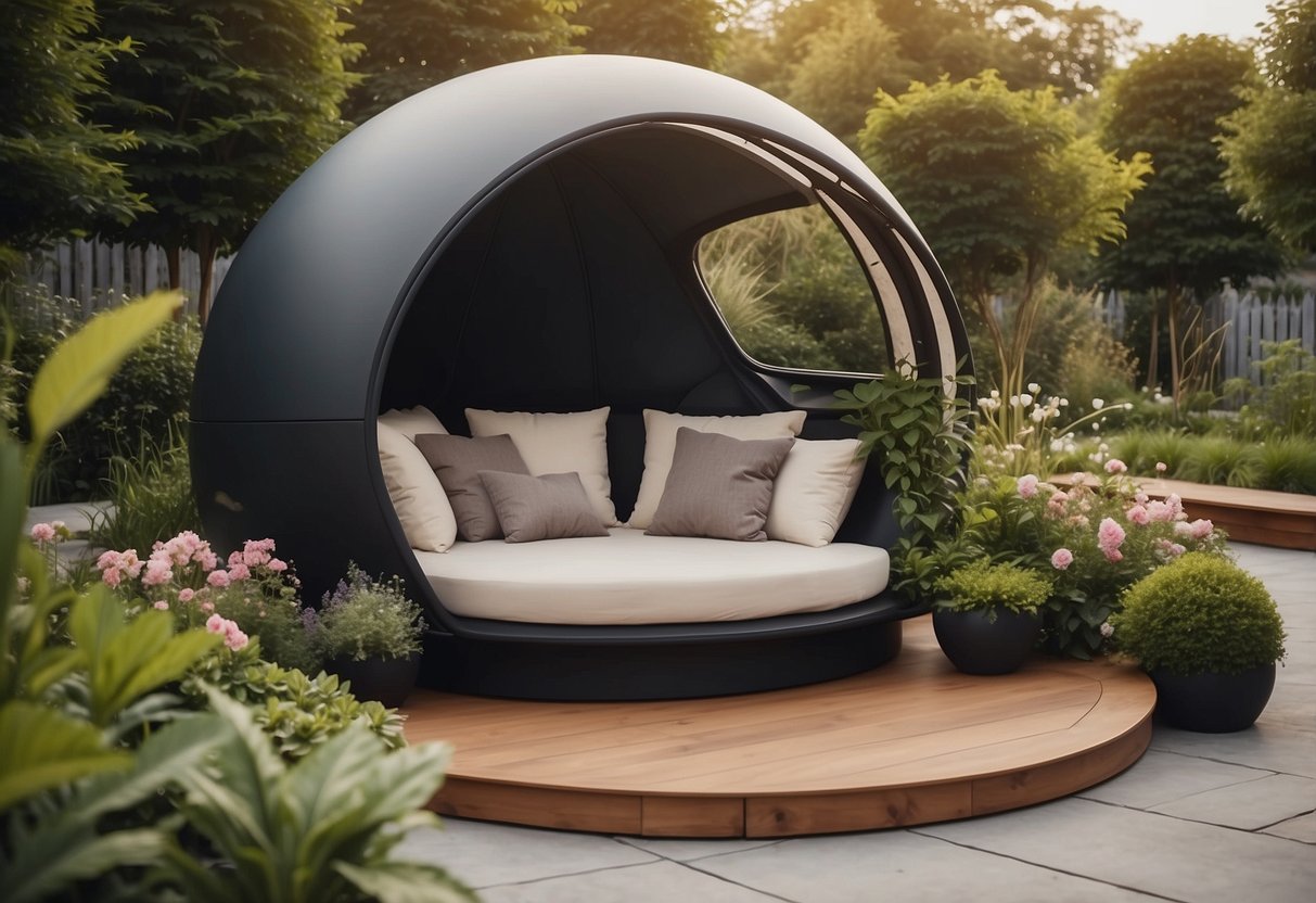 A lush garden pod with modern design, surrounded by vibrant flowers and greenery, accented with comfortable outdoor furniture and soft lighting