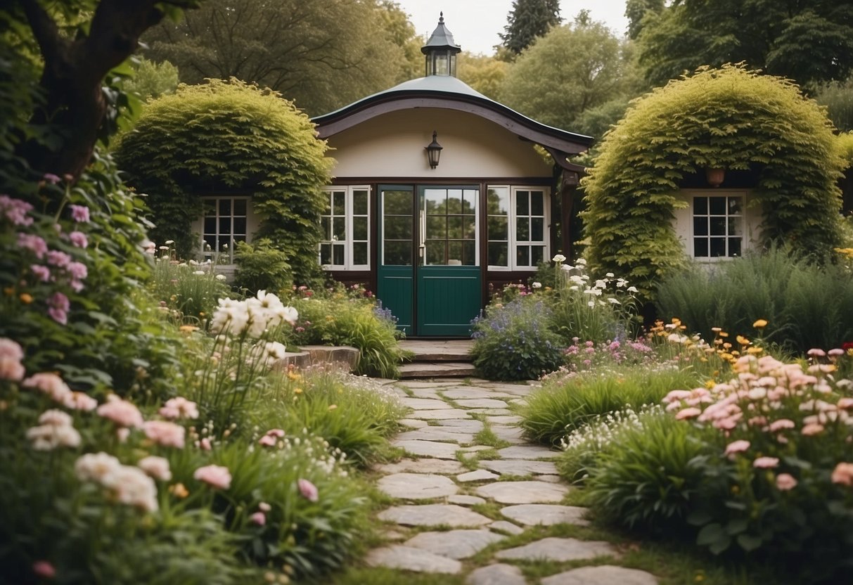 A cozy garden summer house surrounded by blooming flowers and lush greenery, with a winding stone path leading up to the entrance