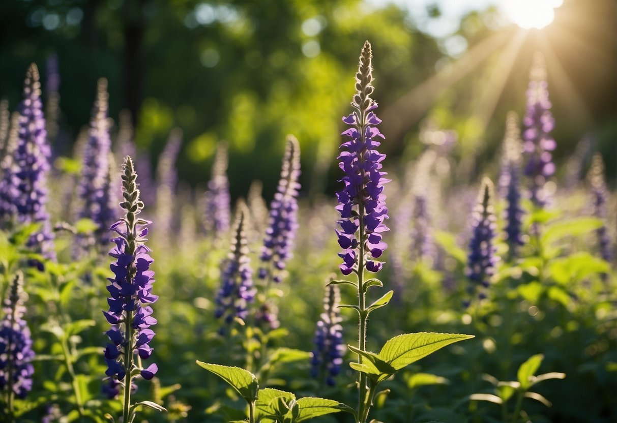 Vibrant sun-loving salvia blooms in a lush garden, basking in the warm sunlight. Tall stalks sway gently in the breeze, surrounded by a variety of colorful flowers and green foliage