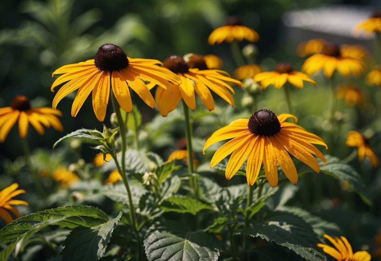 Vibrant Black-Eyed Susans bask in the sun, surrounded by lush green foliage, creating a bold and striking garden display