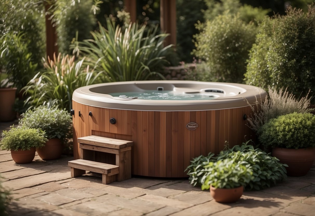 A hot tub surrounded by aromatic plants and diffusers, creating a tranquil garden oasis