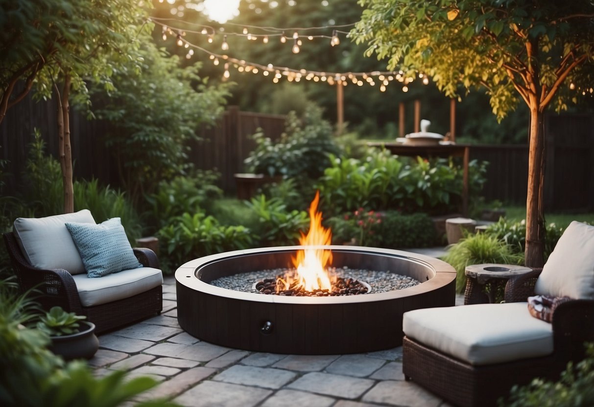 A cozy garden with a hot tub and a portable fire pit surrounded by lush greenery and comfortable seating for a relaxing and inviting outdoor space